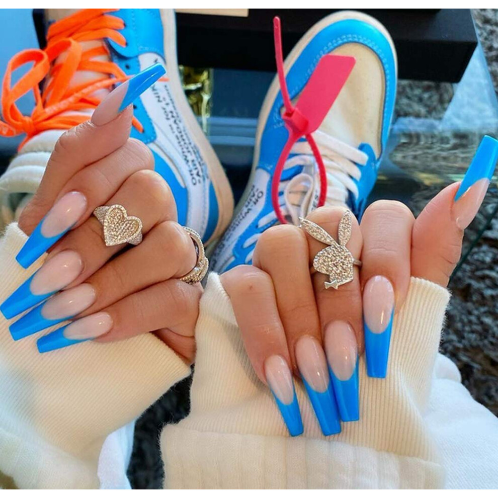 Extra Long Blue Nude Ballerina Press on Nails Glossy French Full Cover Fake Nails Halloween Tips 24pcs
