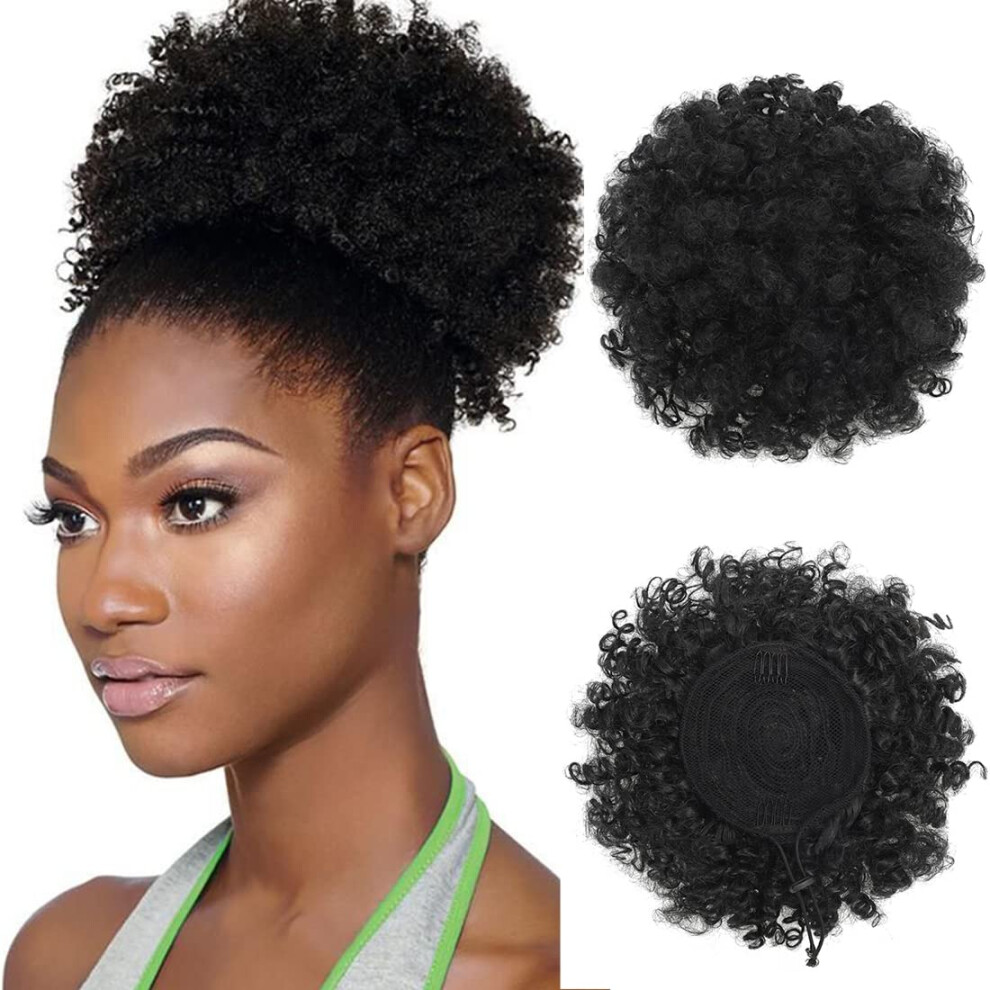 Unisex Black Afro Puff Drawstring Ponytail Extension For Women, Short Kinky Curly Bun Hairpiece, Natural #1B