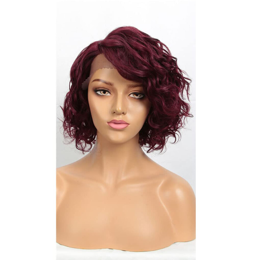 Unisex Black 99J Short Bob Lace Front Human Hair Wig Wet And Wavy Curly Remy Hair For Women