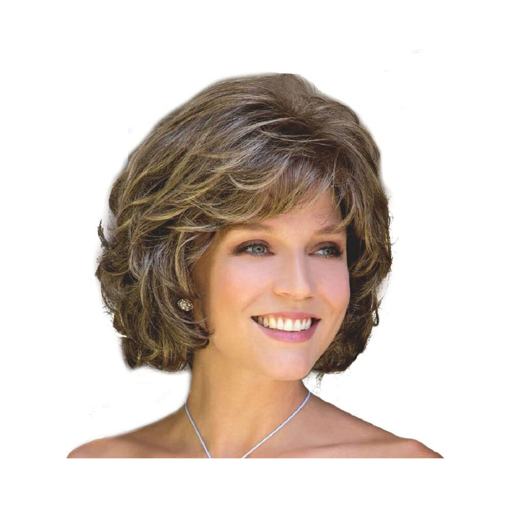 Grey Wigs for Women, Fluffy Bangs Bob Short Curly Wig Brown Gradient Gray Ref: 4605