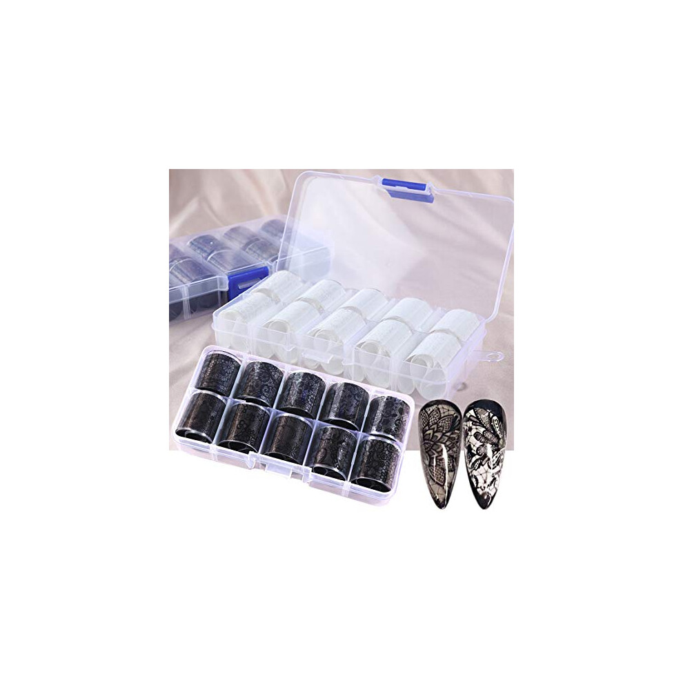 Black/White Nail Foil Transfer Stickers 20 Rolls Lace Holographic Laser Foils For Diy Nail Art