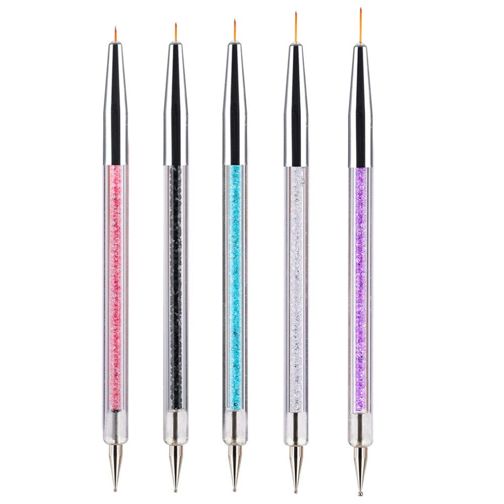 5 Piece Nail Art Brush Set with Crystals, DualEnded Pens for Gel and Acrylic Nail Detailing