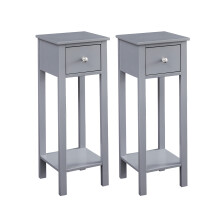 Slim Solid Wooden Bedside Table, Set of 2 Small Narrow Side End Tables, Modern Narrow Bedroom Nightstand with Open Shelf and Drawer Amelia GREY