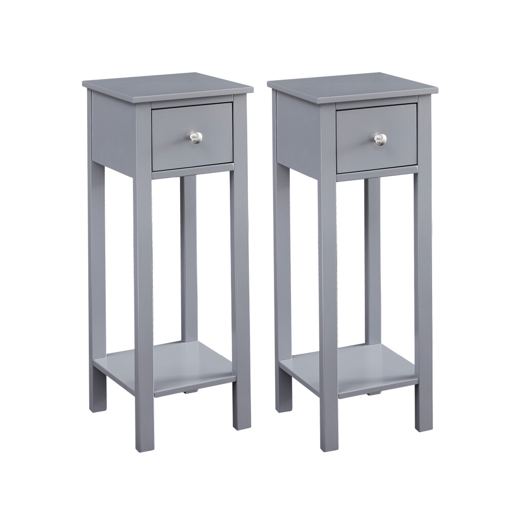 Mcc Slim Solid Wooden Bedside Table, Set Of 2 Small Narrow Side End Tables, Modern Narrow Bedroom Nightstand With Open Shelf And Drawer Amelia Grey