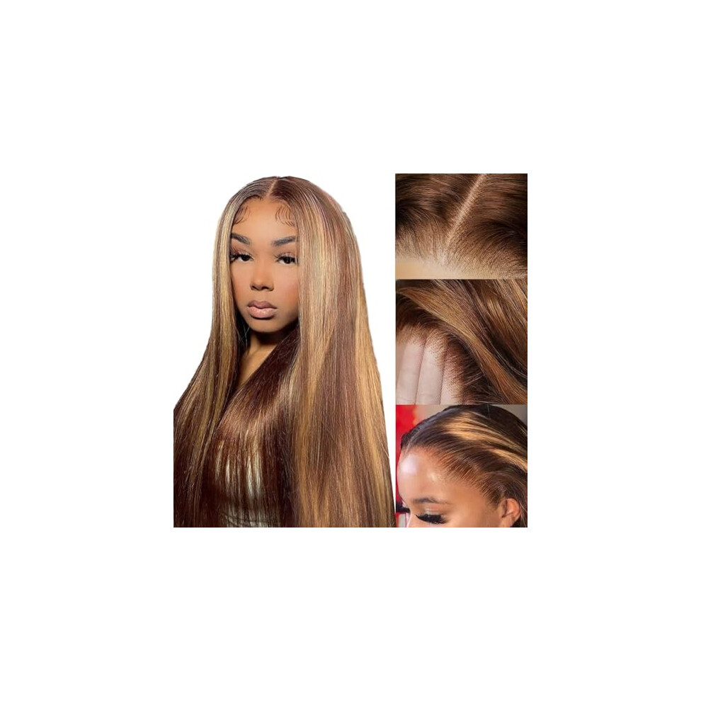 Unisex 13X4 Hd Lace Front Wig Human Hair Highlight Ombre Straight Pre Plucked Honey Blonde 16 Inch