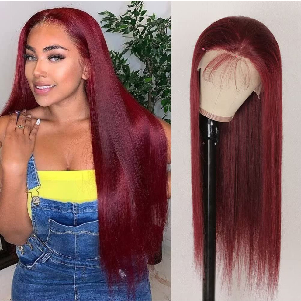 13x6 HD Lace Front Wig Human Hair 99J Burgundy Straight Pre Plucked Natural Hairline 24 Inch 180 Density