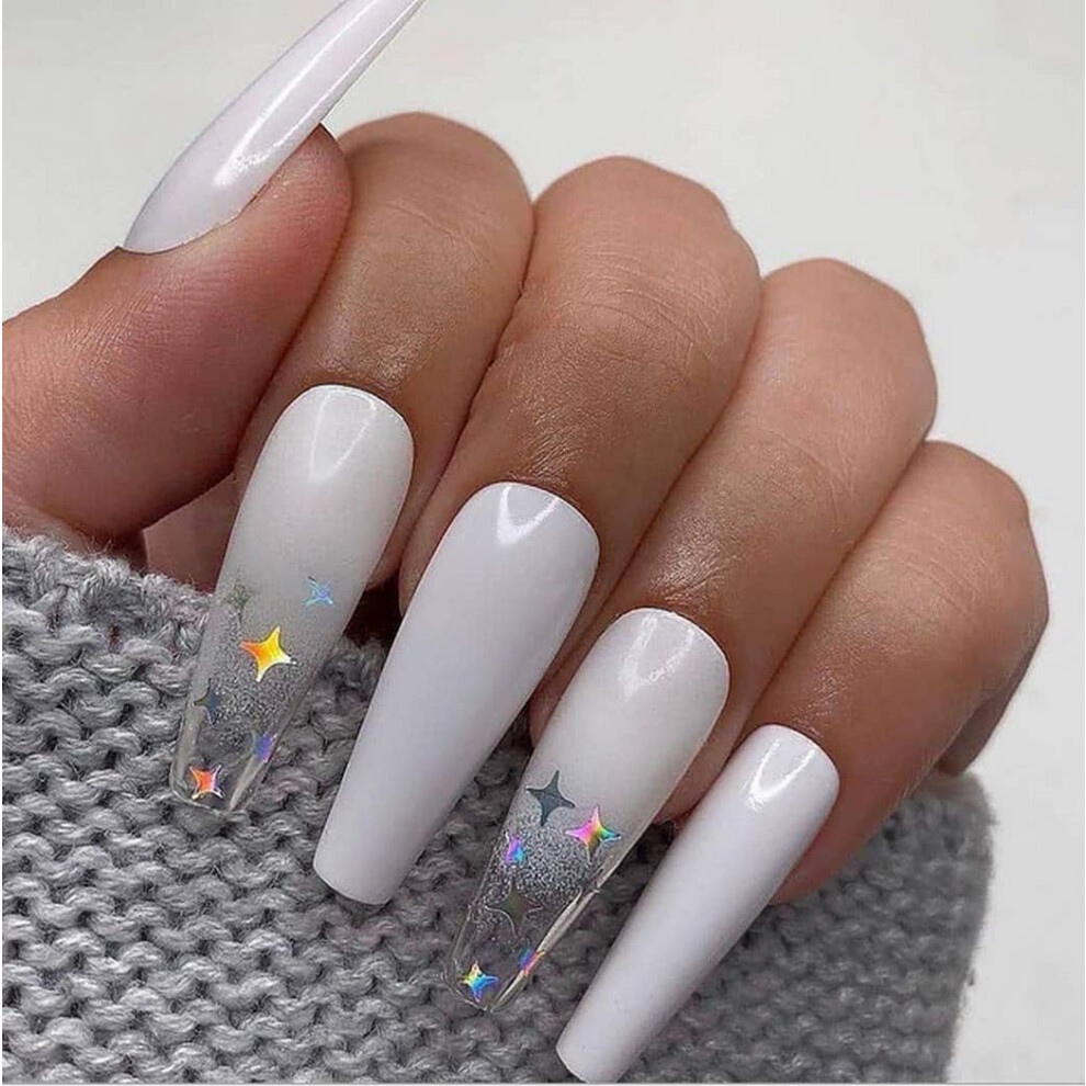 White Extra Long Ombre Coffin Press On Nails With Glitter Ballerina Fake Nails For Women 24Pcs