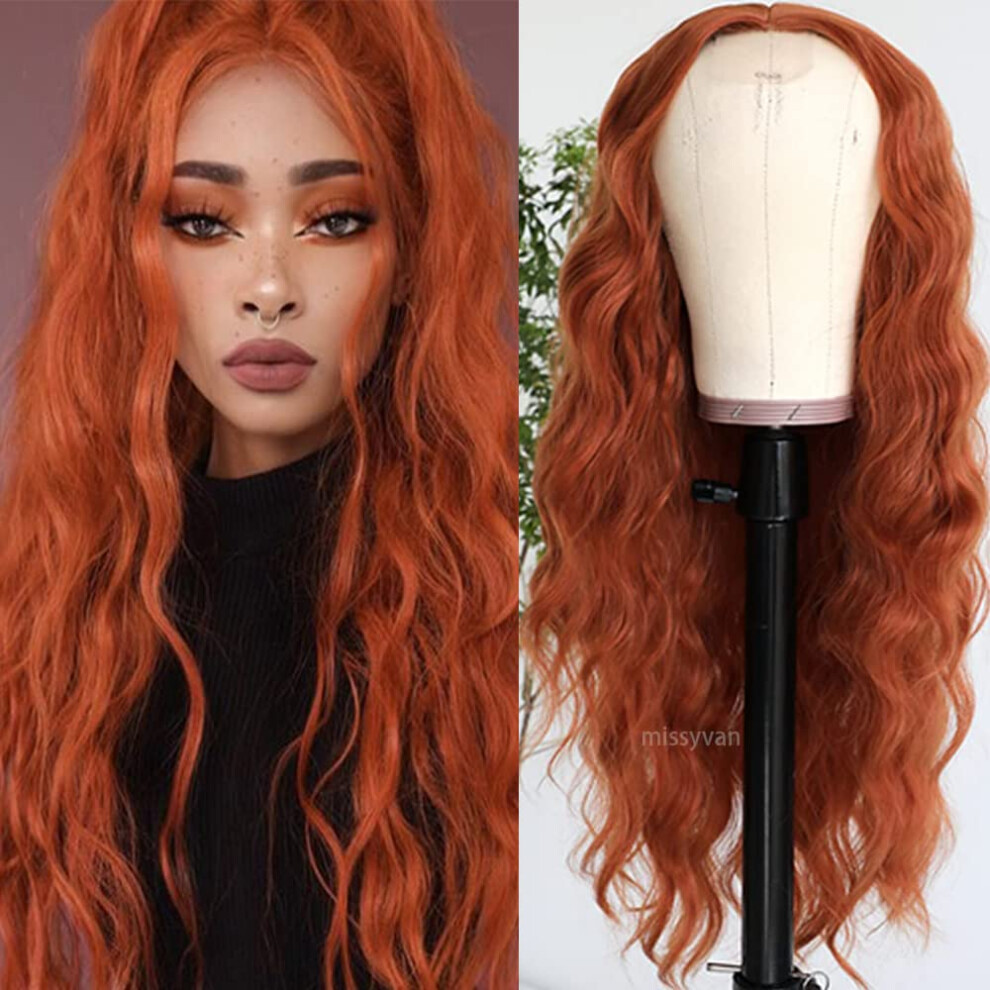 Unisex Orange Long Wavy Dark Synthetic Wig With Middle Part, Heat Resistant Fibers, Natural Hairline