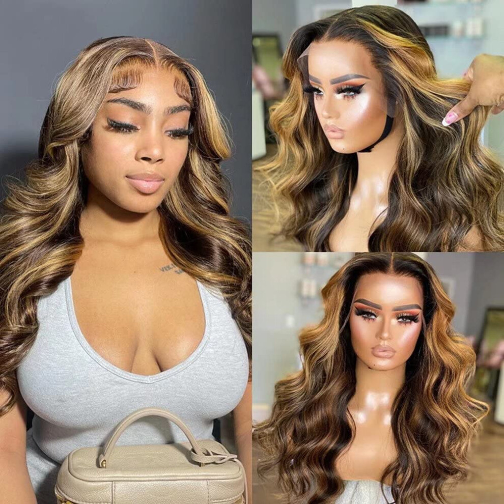 22 Inch Honey Blonde Highlight Brazilian Body Wave Human Hair Lace Front Wig Pre Plucked 13x6 180 Density