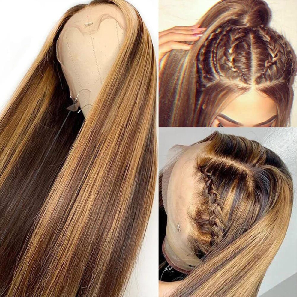 Unisex Black Honey Blonde Ombre Human Hair Lace Front Wig 24 Inch Glueless 13X6x1 Deep Part Straight 150 Density For Women
