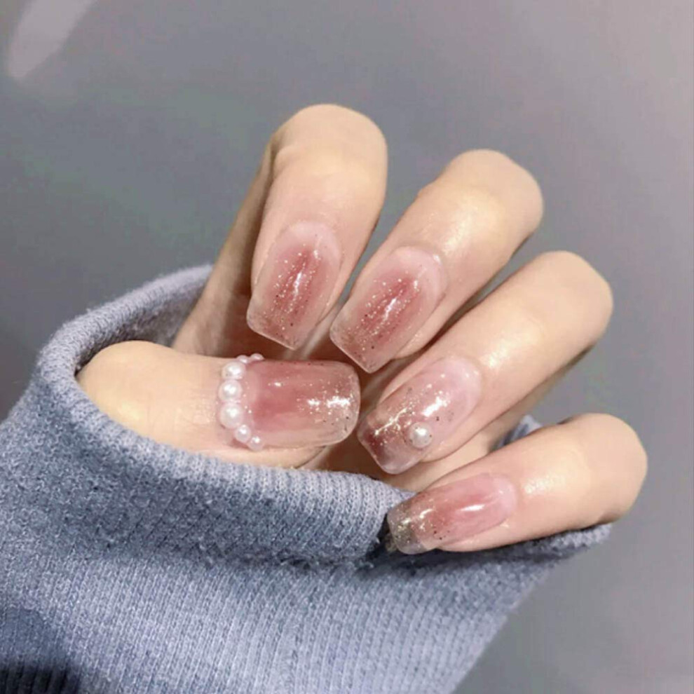 White 24Pcs Short Square Press On Nails Acrylic False Nail Tips With Adhesive Tabs Reusable Pearl Set