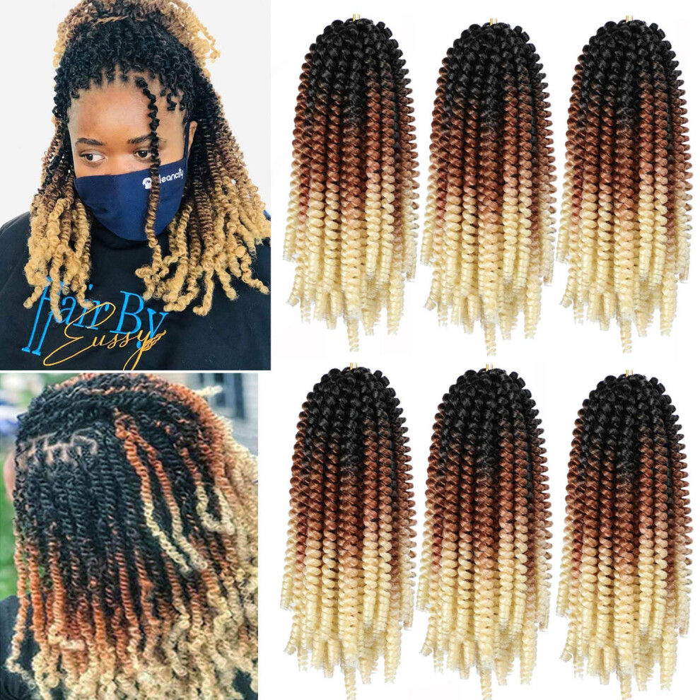 Unisex Black/Brown Spring Twist Crochet Hair 8 Inch Ombre Colors, 6 Packs Fluffy Bomb Twist Braids Extensions