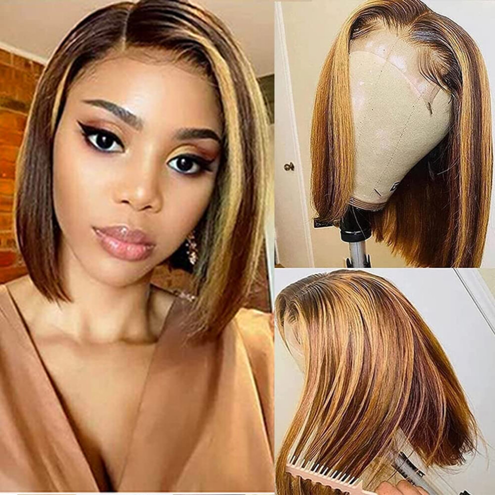 Unisex Human Hair Bob Wig 4X4 Lace Brazilian Ombre Blonde Highlight 10 Inch Natural Hairline