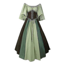 (L, Light green) Medieval Gothic Dresses For Women Short Sleeve Vintage Retro Party Prom Costume With Lace Trim And Flowy Skirt Design