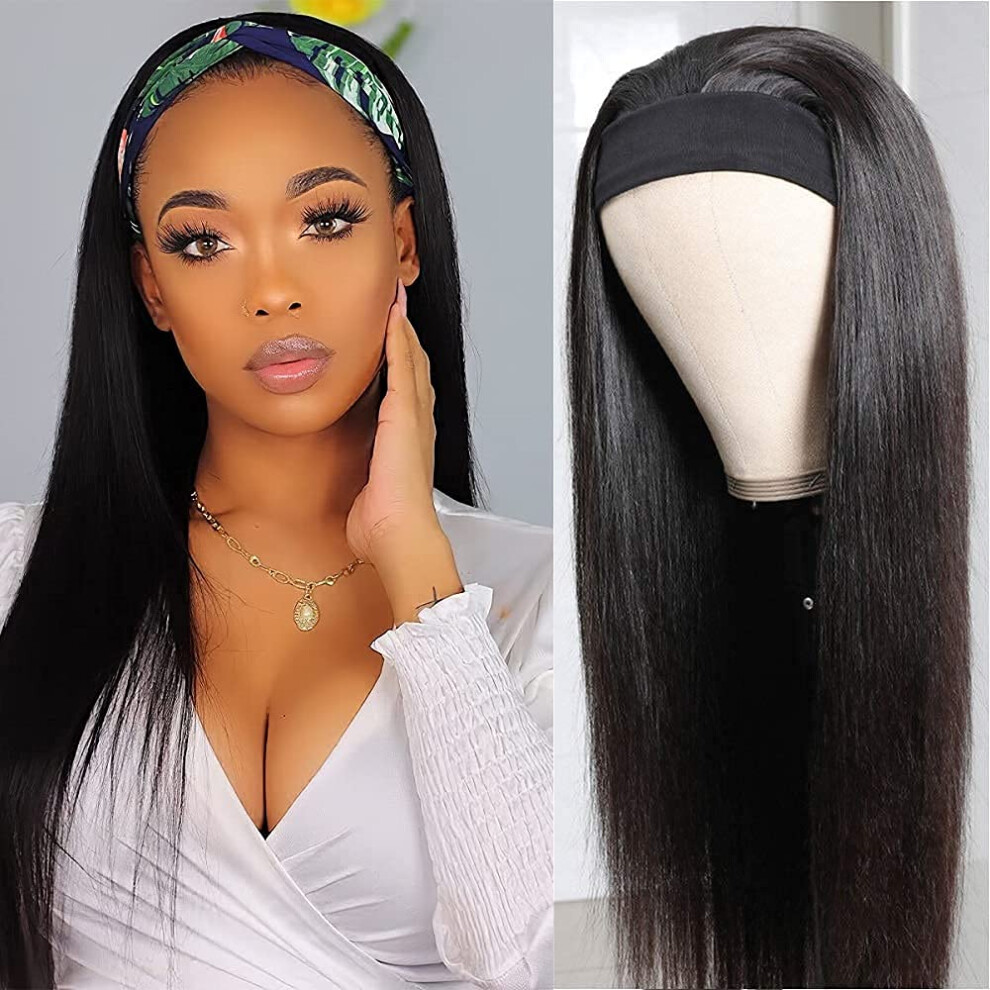 Unisex Black Headband Wig Human Hair 18 Inch Straight Glueless Brazilian Virgin Hair Natural For Women