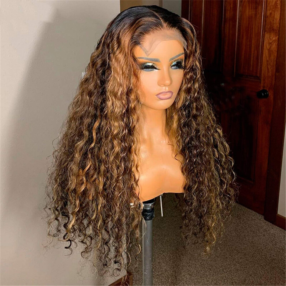 Unisex Brown Ombre Highlight Honey Blonde Human Hair Lace Front Wig 18In Water Wave Remy Transparent