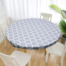 Austok Round Fitted Vinyl Tablecloth, Flannel Backing, Elastic Edge, Waterproof, Wipeable, Gray Stripe, for 35-43" 5-Seat Table