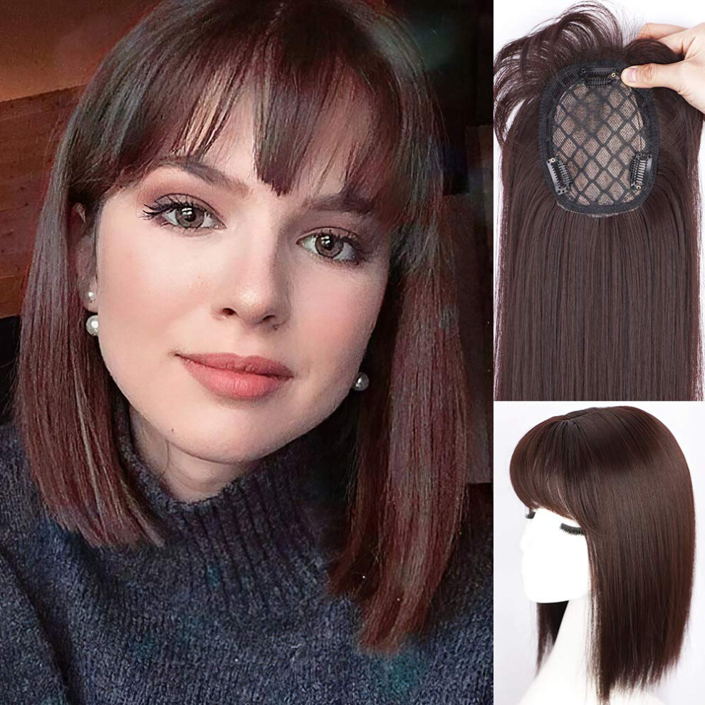 Unisex Red,Brown Curly Wavy Hair Topper With Bangs For Thinning Hair, Synthetic Clip In Crown Topper Auburn Brown