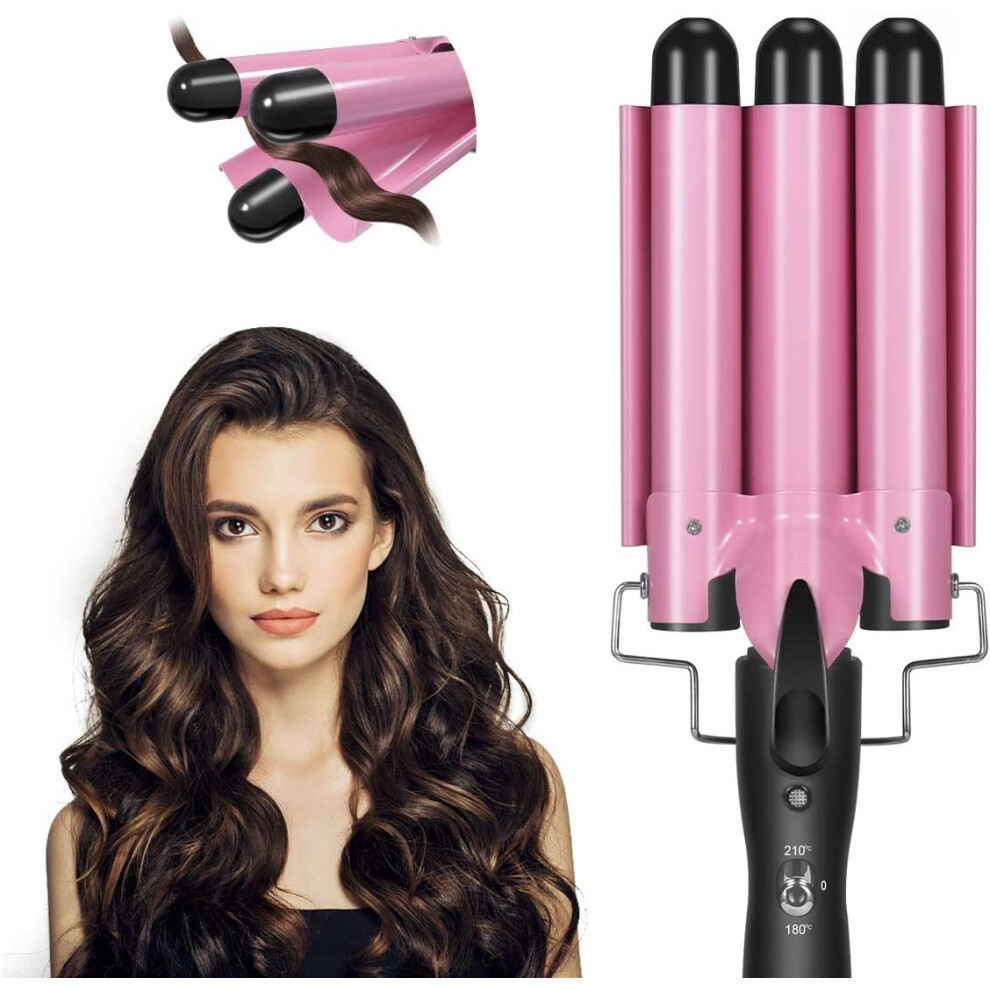 Pink Triple Barrel Hair Waver Curling Iron Ceramic Tourmaline Fast Heat Adjustable Temp Wand