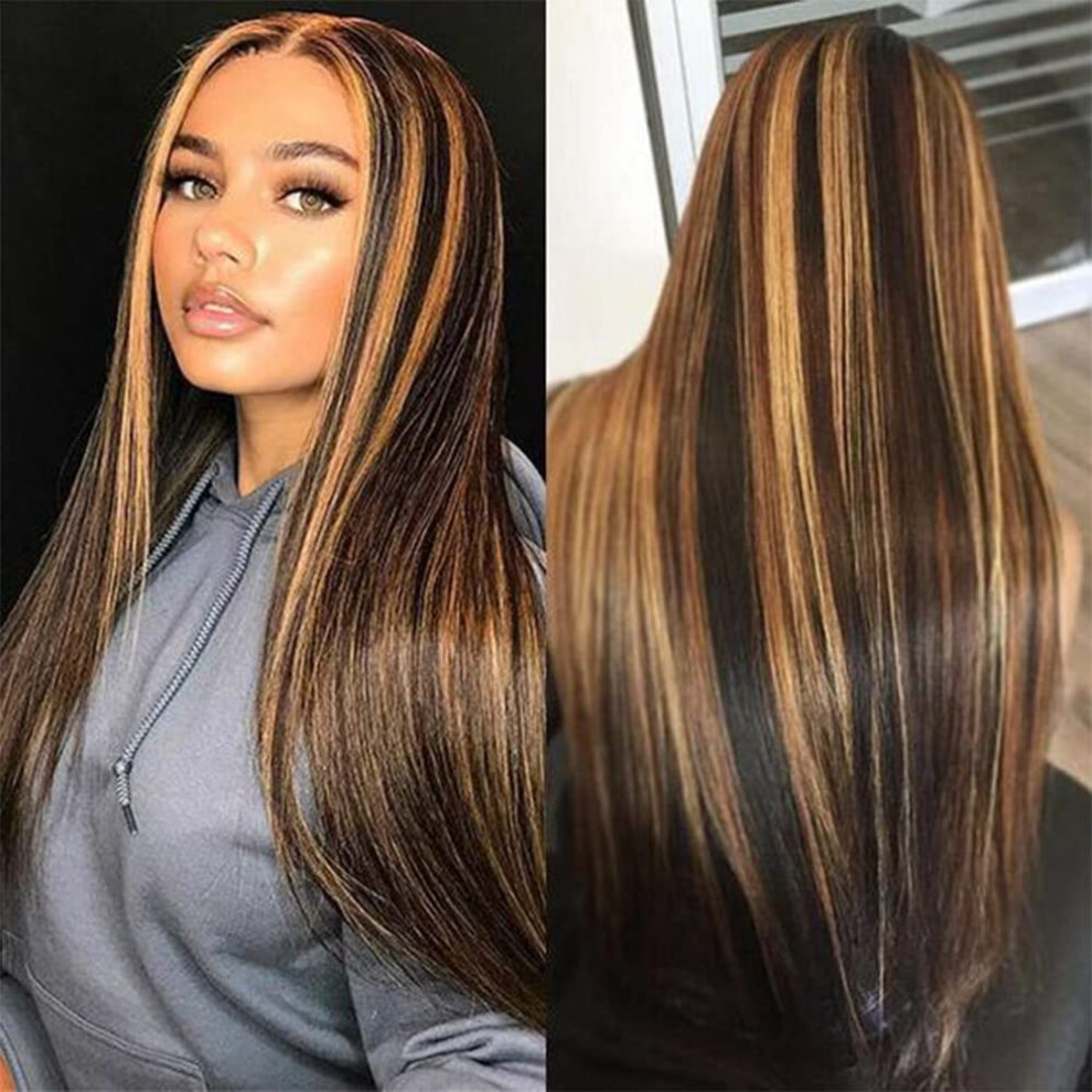 26 Inch Lace Front Wig with Highlights Straight Brown Ombre Synthetic Long Wig for Women