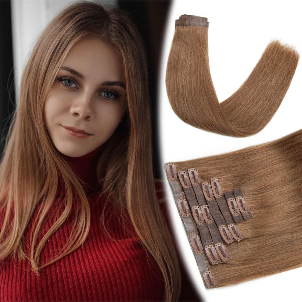 Unisex Brown Human Hair Clip In Extensions Balayage Light Seamless Pu Weft Remy Hair 7Pcs 16 Inch 115G