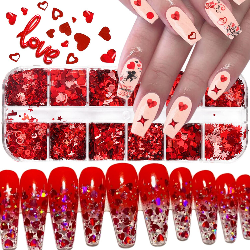 Valentines Day Heart Nail Art Sequins Mixed Size 3D Colorful Glitter for Acrylic Gel Nails