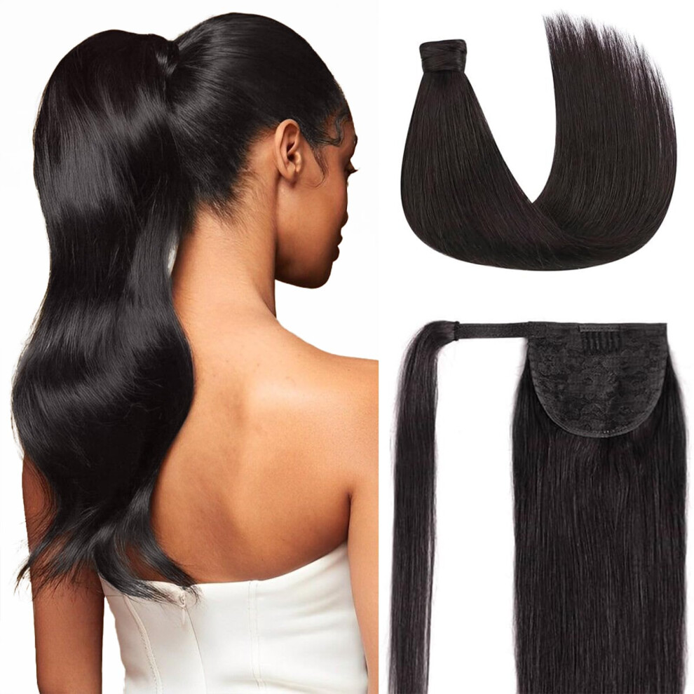 Unisex Black Remy Human Hair Ponytail Extension Jet 16 Inch Silky Straight Clip In For Instant Length And Volume