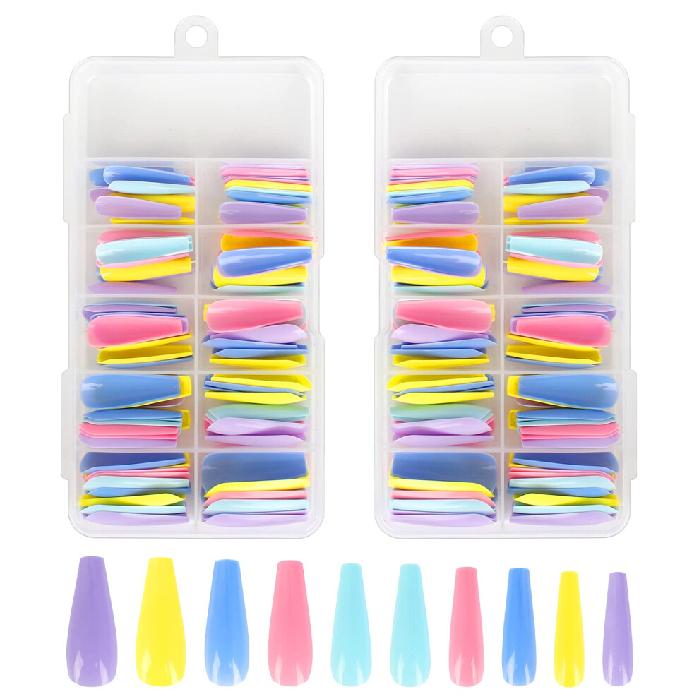 Long Coffin Press On Nails Set, 200pcs Colorful Coffin Fake Nails with 5 Vibrant Colors and Box