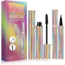 (1 Set) Mascara Eyeliner Set, Waterproof 4D Silk Fiber Eyelash Mascara, Extension Thickening Lengthening Voluminous Mascara, Natural Smudge-Proof