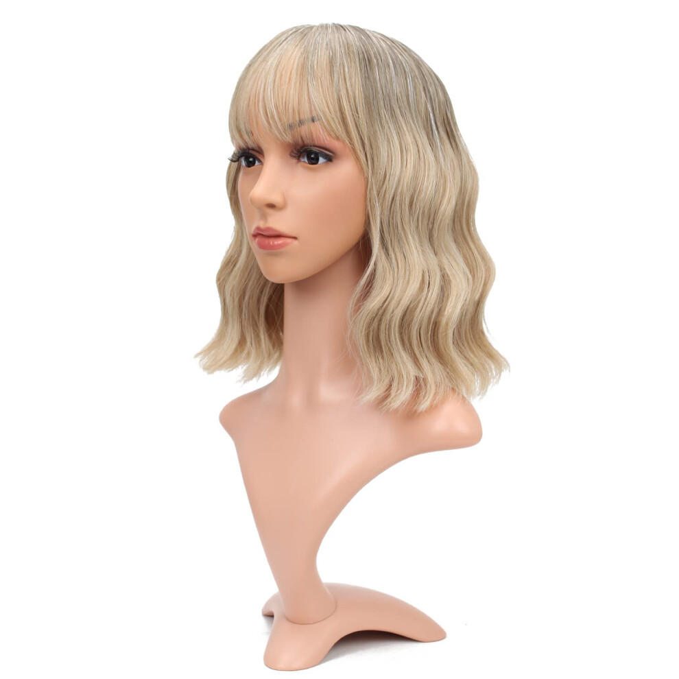 Unisex Black Short Wavy Bob Wig With Bangs, Natural Ombre Blonde, Shoulder Length Synthetic Cosplay Hair