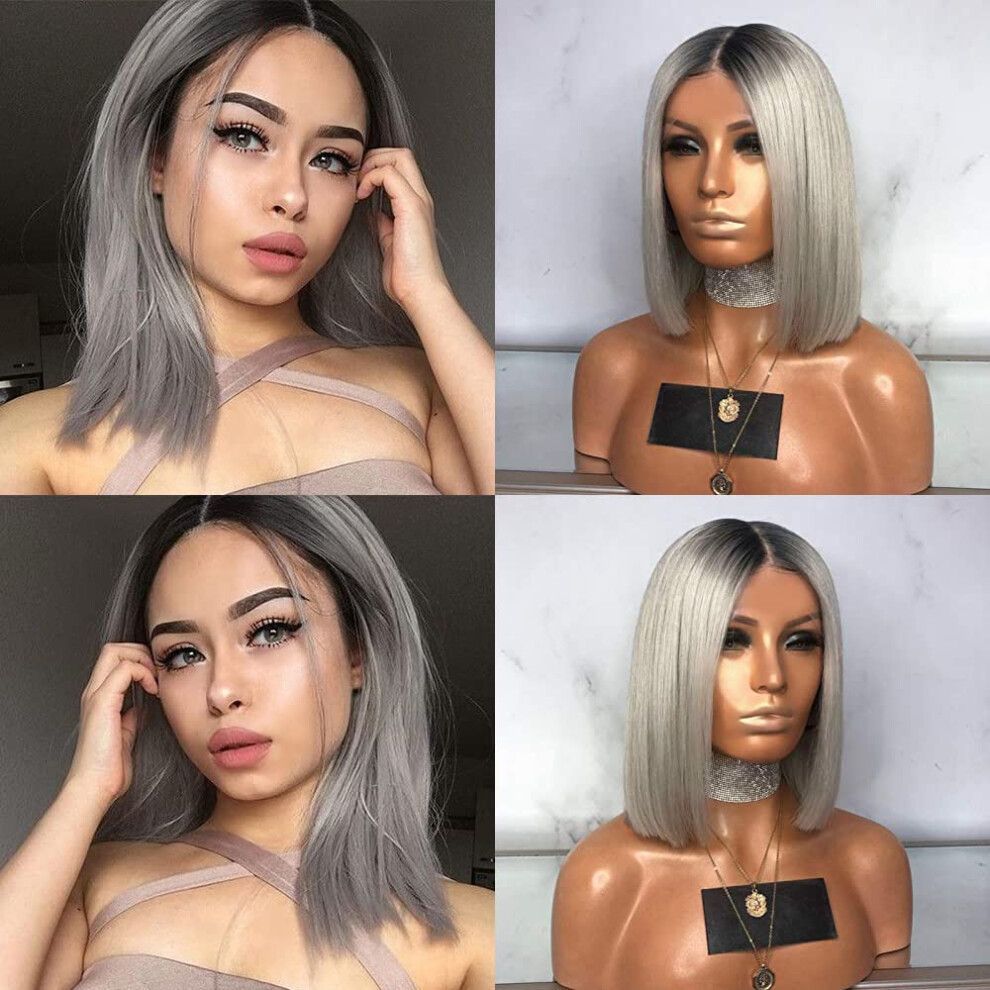 Grey Lace Front Wig Human Hair Bob 13x4 Frontal Ombre Grey Style Natural Hairline Short Straight