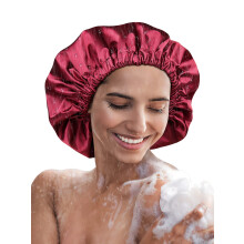 Satin Lined Waterproof Shower Cap with Adjustable Strap, Large Reusable TwoLayer Design Black