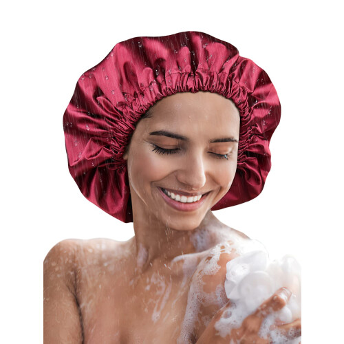 Satin Lined Waterproof Shower Cap with Adjustable Strap, Large Reusable TwoLayer Design Black