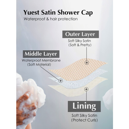 Satin Lined Waterproof Shower Cap with Adjustable Strap, Large Reusable TwoLayer Design Black 1