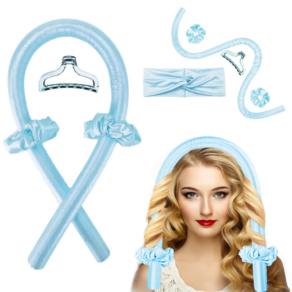 Blue Heatless Hair Curler Rod Headband For Long Hair, Overnight No Heat Ribbon Curlers Set