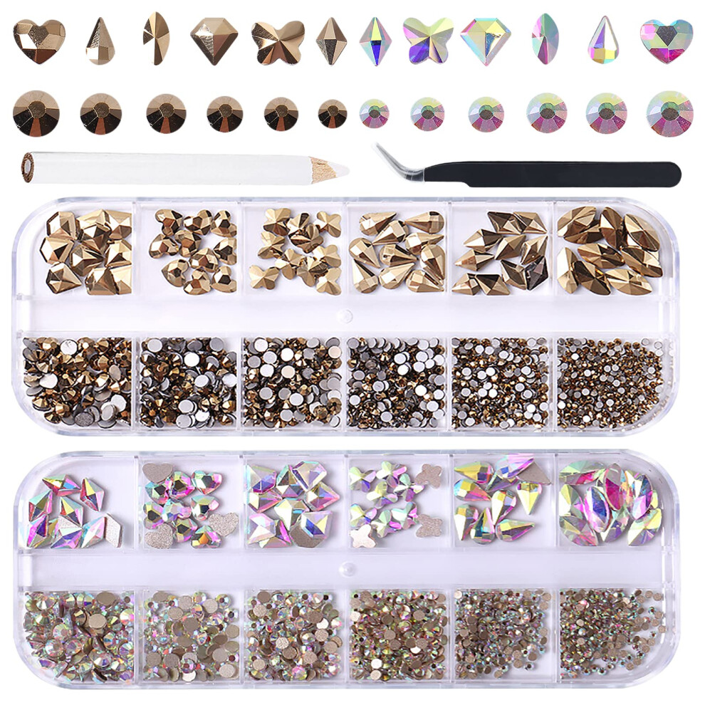 3120Pcs Nail Art Rhinestones Kit with Tweezers and Pen, Mixed Shape Crystal AB and Aurum Gems for 3D Nail Designs