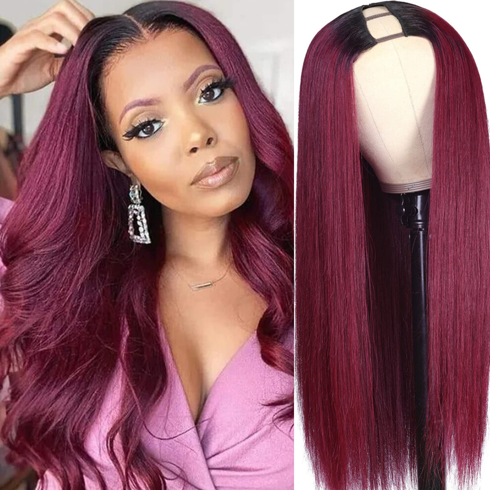 Unisex Red 1B/99J Ombre Burgundy V Part Wig Human Hair Glueless Brazilian Virgin Hair, 16 Inch, 150% Density