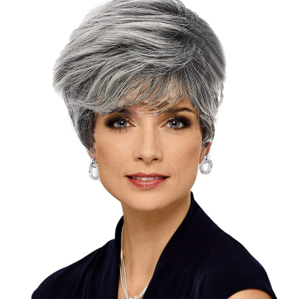 Short Layered Silver Gray Wig for Women Natural Heat Resistant Synthetic Hair