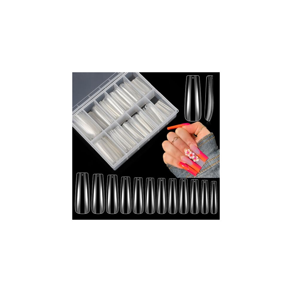 240pcs Extra Long Clear Coffin Press On Nails, 12 Sizes Acrylic Nail Tips with Storage Box