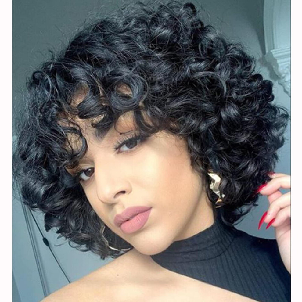 Black Afro Wig Short Curly with Bangs for Black Women Natural Looking Heat Resistant