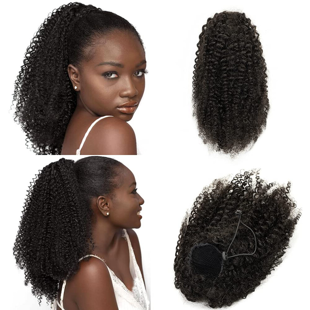 Unisex Black Afro Kinky Drawstring Ponytail 14 Inch Natural 1B Curly Hair Piece For 3C 4A Hair