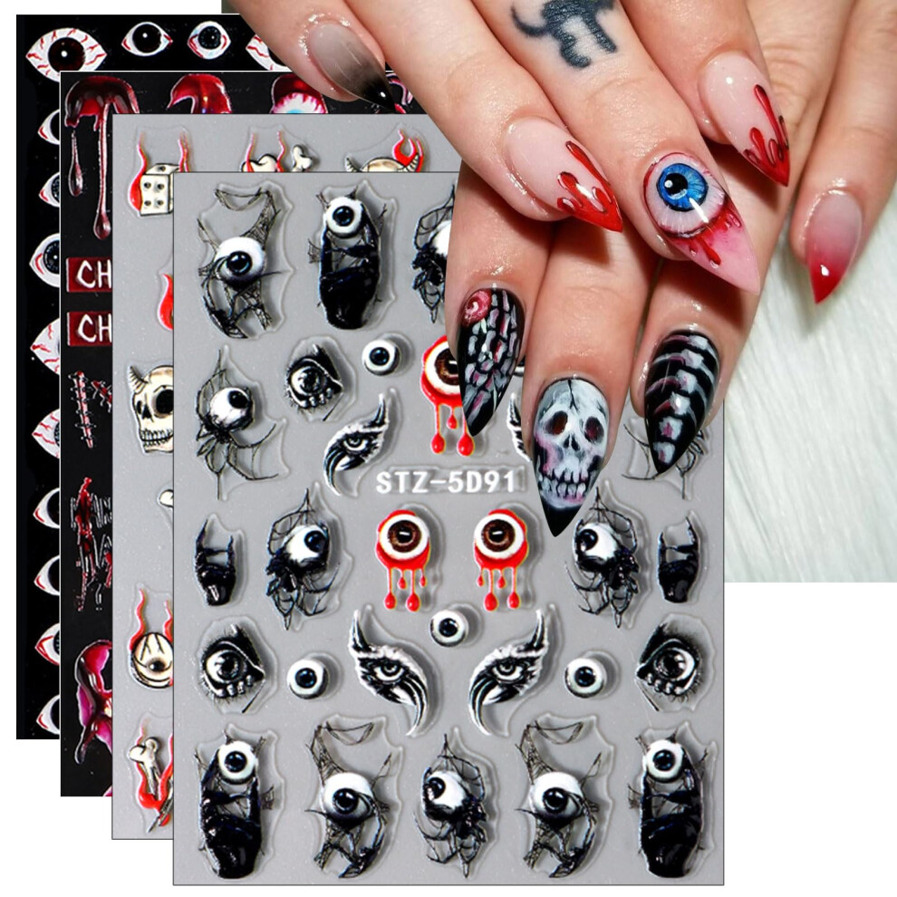 Halloween Nail Stickers 3D SelfAdhesive Evil Eye Decals for Acrylic or Natural Nails 4 Sheets