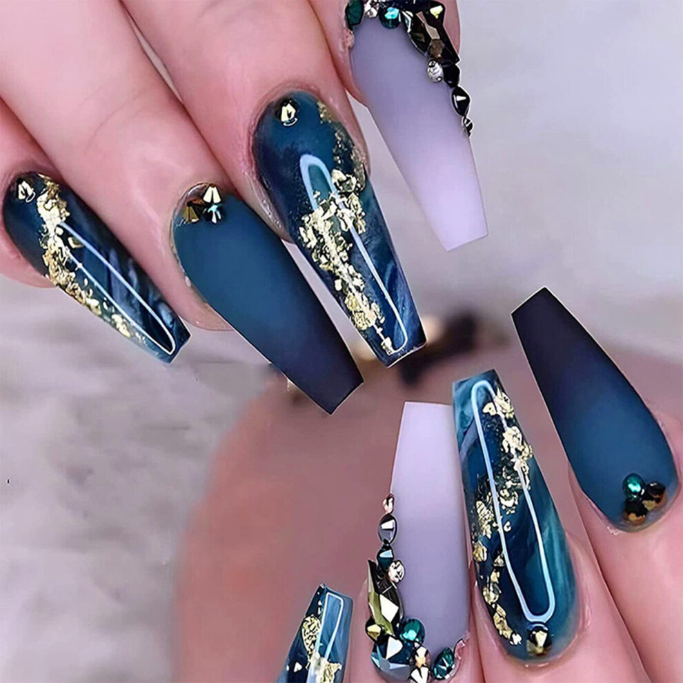 24Pcs Long Square Acrylic Coffin Press On Nails with Rhinestones, Reusable Fake Nails Kit