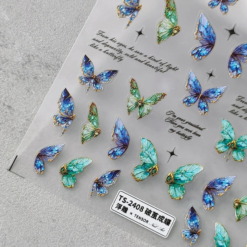 Blue/Green Butterfly Nail Stickers 5D Embossed Selfadhesive Decals For Salon Nail Art Design