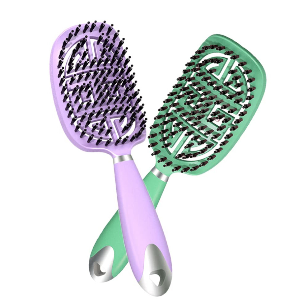 Detangling Hair Brush and Boar Bristle Brush 2 Pack, Curved Vented Design for Wet or Dry Thick Curly Hair, Purple Green