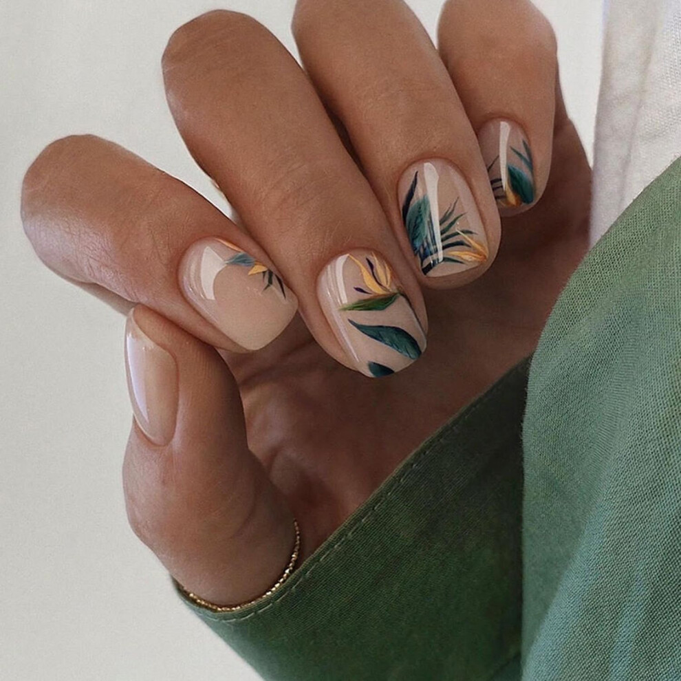 Summer Press on Nails Short Square Nude Fake Nails with Tropical Palm Design and Glossy Finish