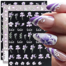 5D Embossed Flower Nail Art Stickers, SelfAdhesive Purple Floral Decals for Manicure, 3 Sheets