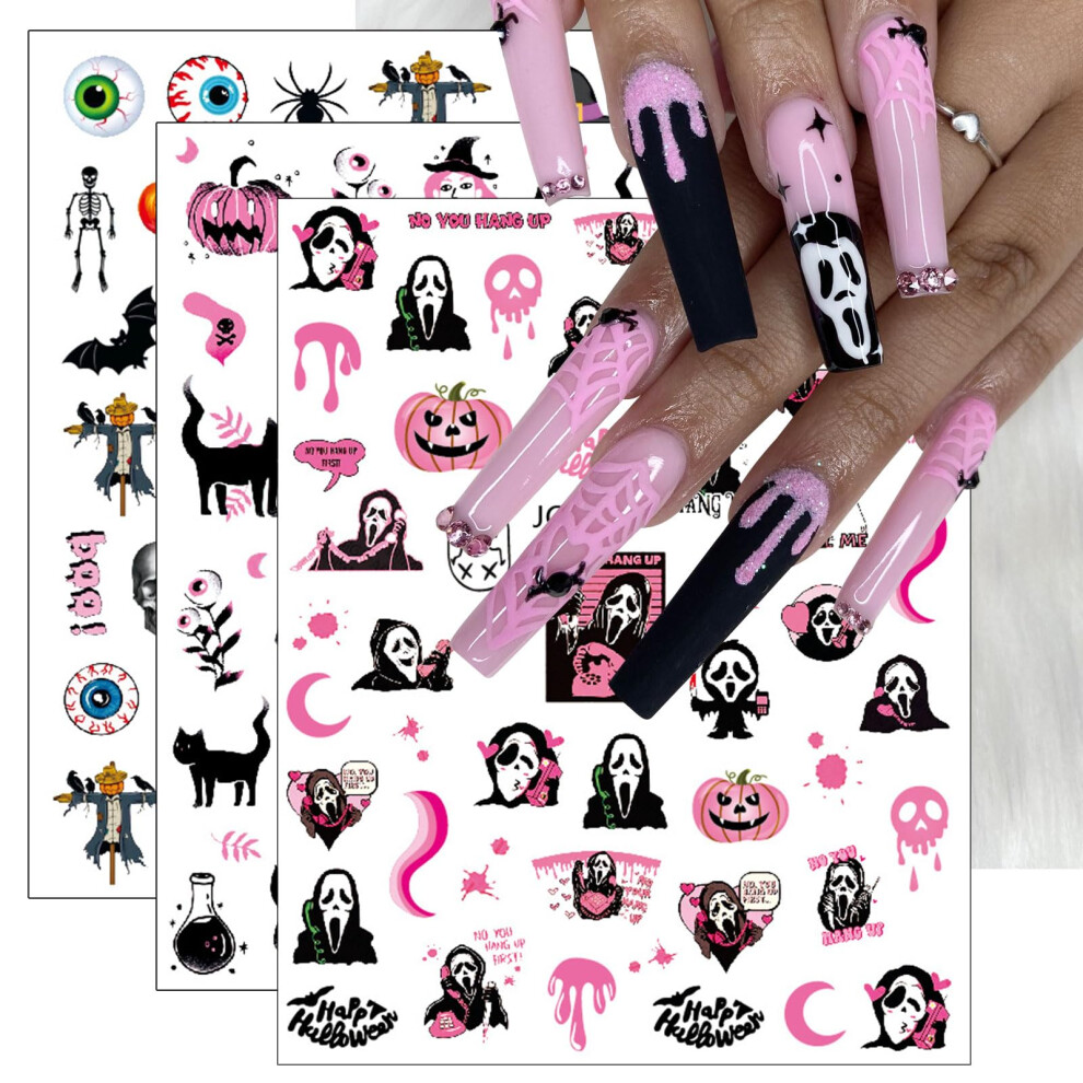 Pink Halloween Nail Stickers Selfadhesive Skull Ghost Pumpkin Bat Spider Web Nail Art Decals