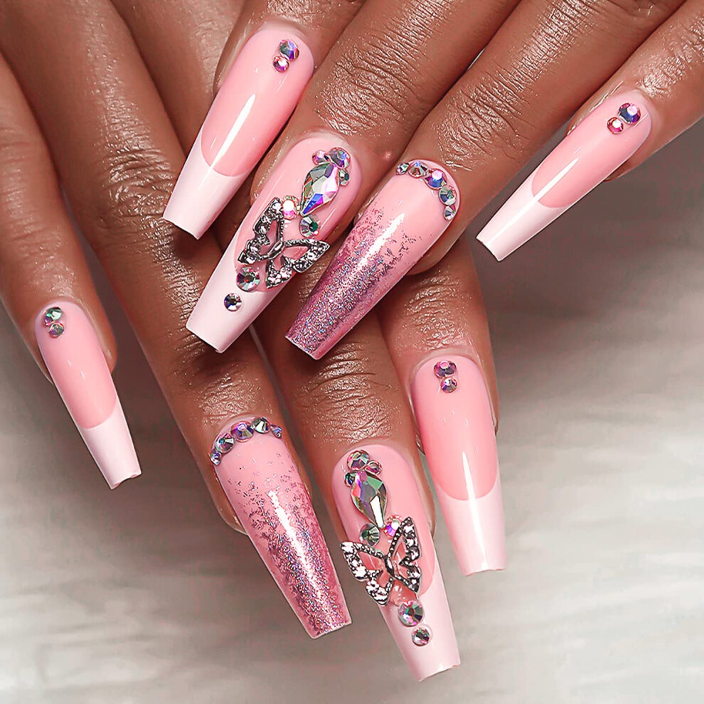 Press on Nails Long Coffin French Tip with Purple Butterfly Rhinestones, 24pcs Glossy Pink Set