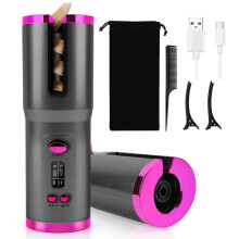 Cordless Automatic Hair Curler with LCD Display, Rechargeable Curling Wand for Long Hair Styling (Gray)